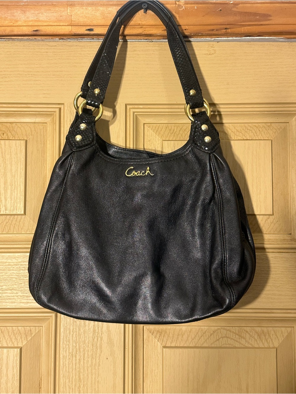 Coach Black Leather Shoulder Bag with Gold Logo & Hardware